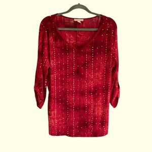 Boutiquey style tunic, V-neck w/buttons, tie-dye look, Sz XL, sequins& texture